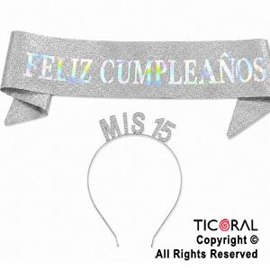 SET VINCHA MIS 15 Y BANDA FELIZ CUMPLEA�OS PLATA